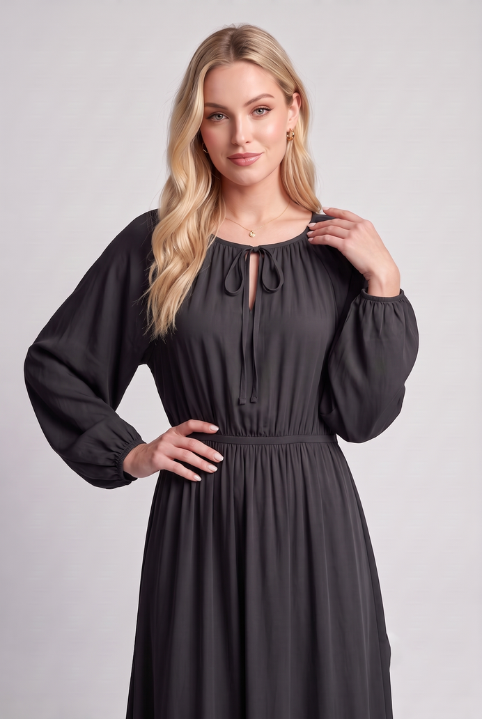 Fit & Flare Rayon Balloon Sleeve Maxi Dress