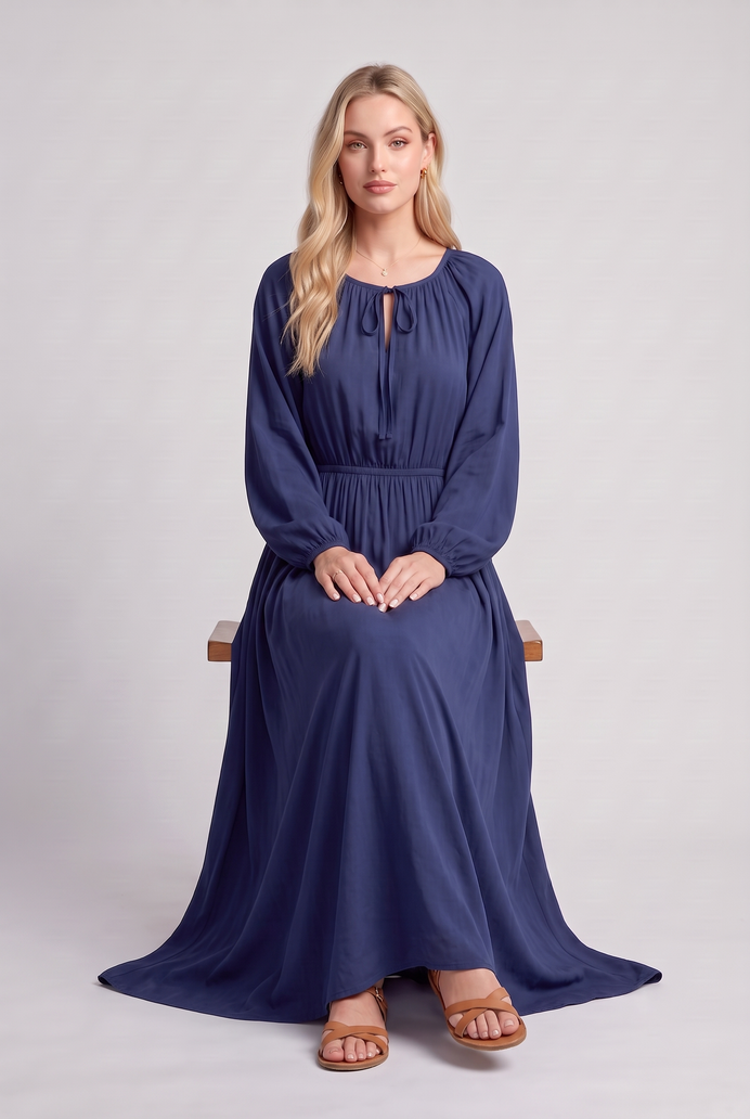 Fit & Flare Rayon Balloon Sleeve Maxi Dress