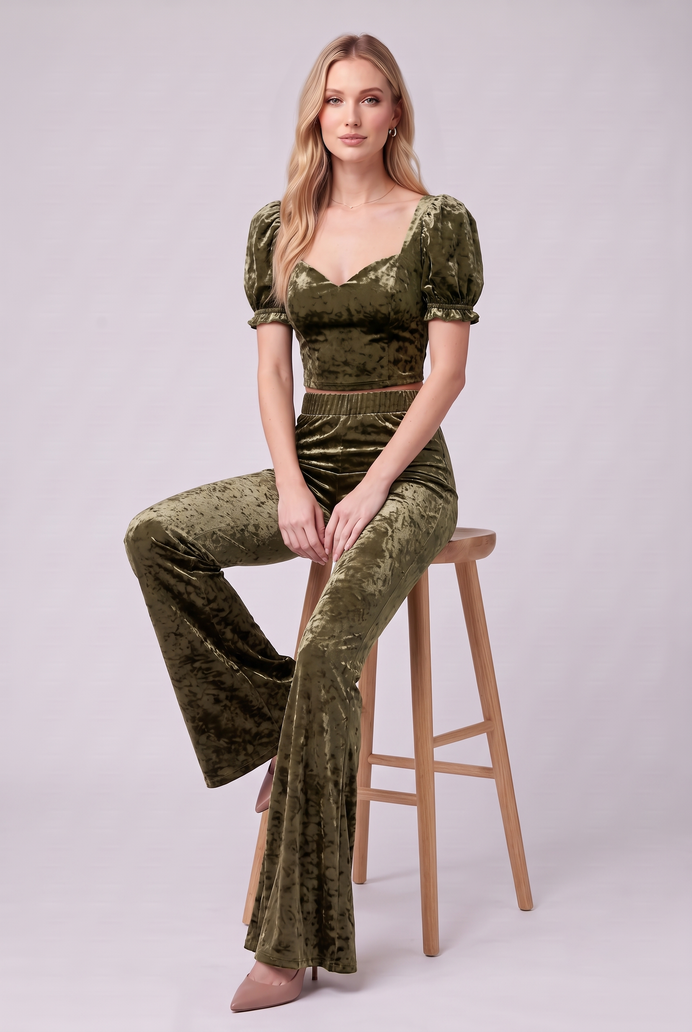 Korean Velvet Crop Top & Bell Bottom Pant Set