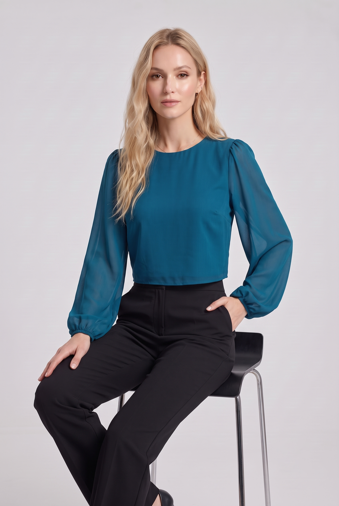 Chiffon Balloon Sleeve Crop Top