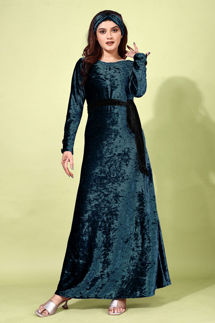 Velvet A-line Western Gown with Headband & Belt