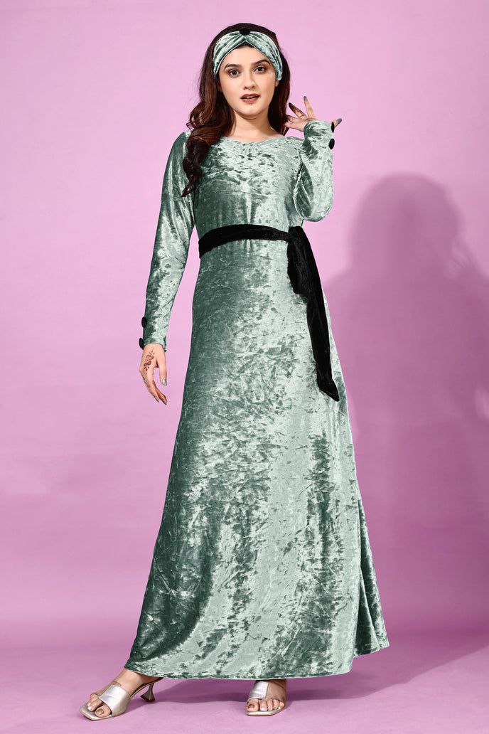 Velvet A-line Western Gown with Headband & Belt