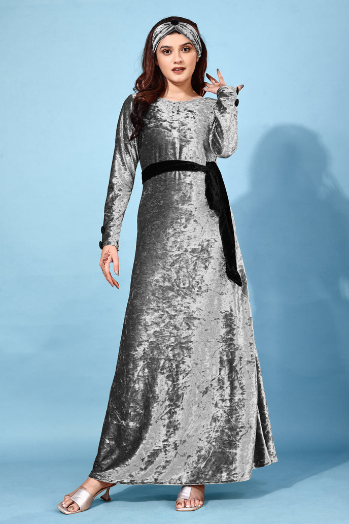 Velvet A-line Western Gown with Headband & Belt