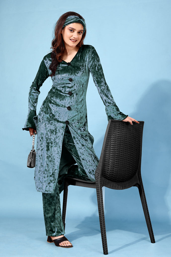Korean Velvet Ethnic Suit With Matchinng Headband