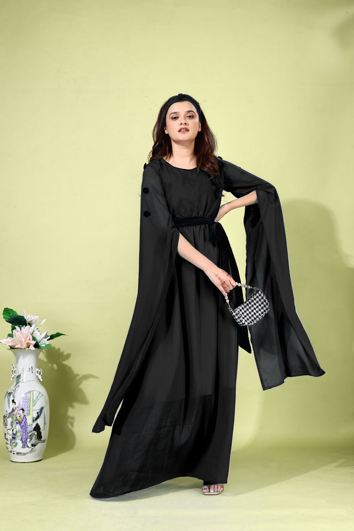 Fit and Flare Georgette Long Dress with Belt & Matching Headband