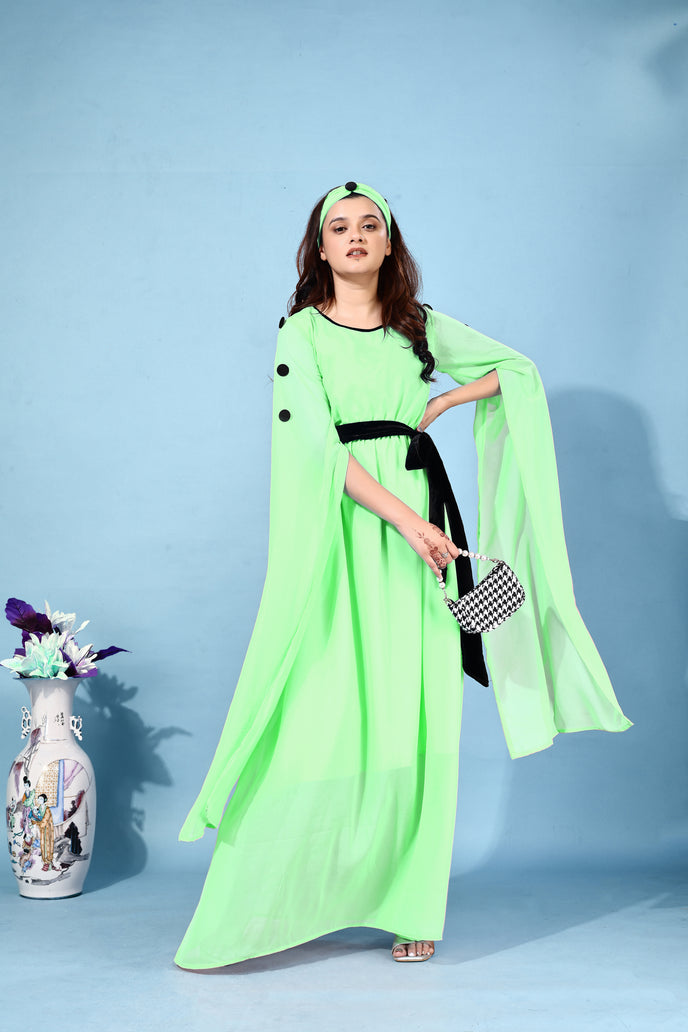 Fit and Flare Georgette Long Dress with Belt & Matching Headband