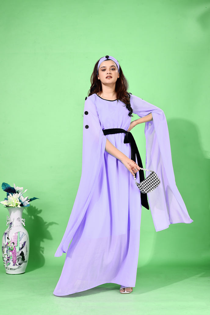 Fit and Flare Georgette Long Dress with Belt & Matching Headband