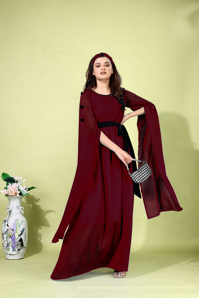 Fit and Flare Georgette Long Dress with Belt & Matching Headband