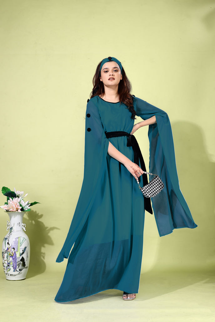 Fit and Flare Georgette Long Dress with Belt & Matching Headband