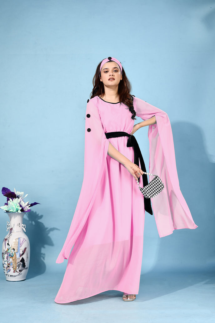 Fit and Flare Georgette Long Dress with Belt & Matching Headband