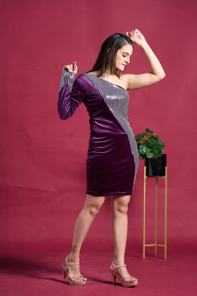 Partywear Sequins One Shoulder Velvet Dress