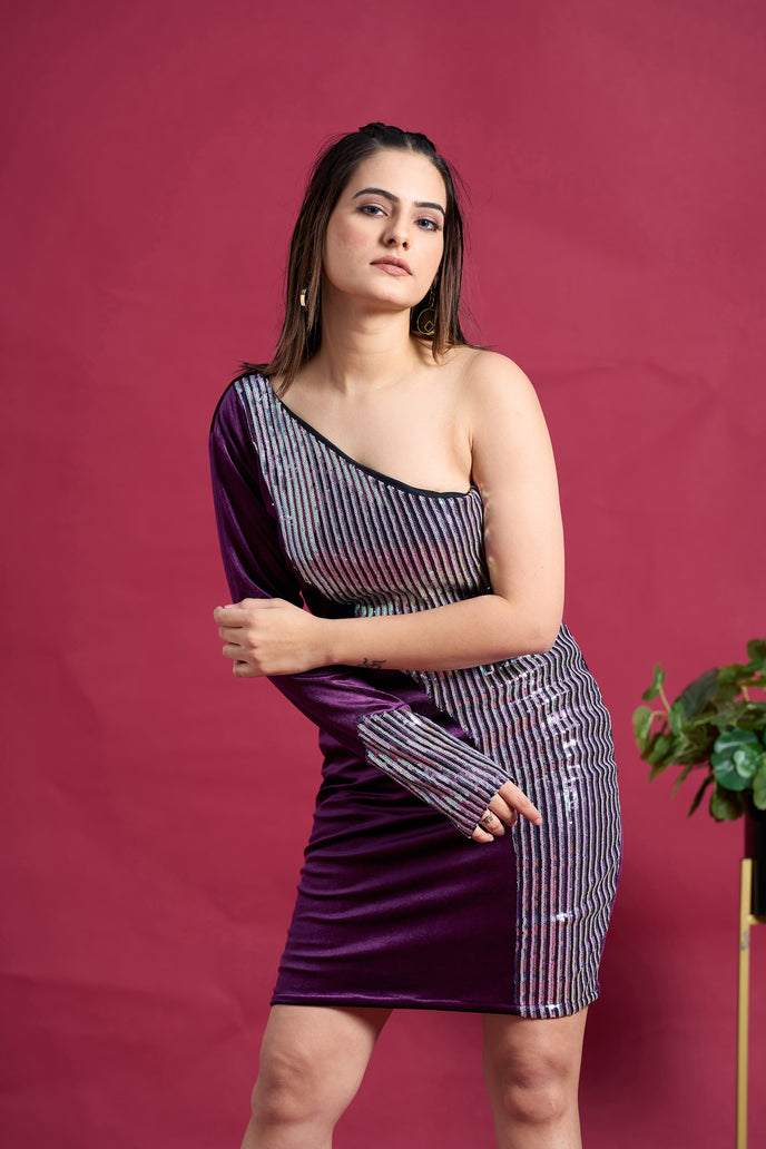 Partywear Sequins One Shoulder Velvet Dress