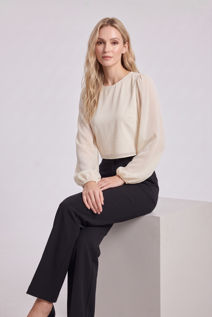 Chiffon Balloon Sleeve Crop Top